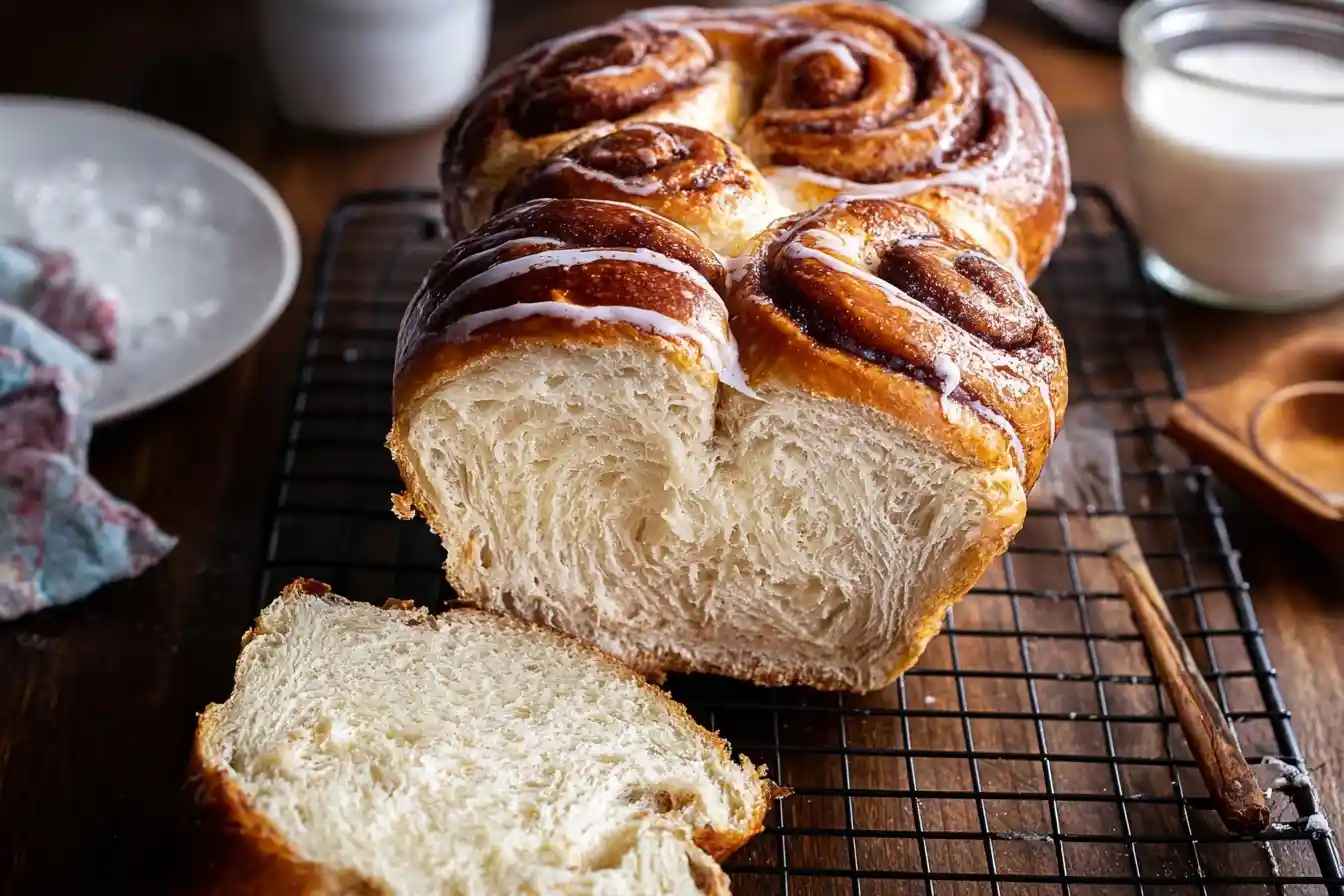 A sliced loaf of freshly baked {{ $('Fetch Recipe Data').first().json["Main Keyword"] }} with white icing on a wire rack.