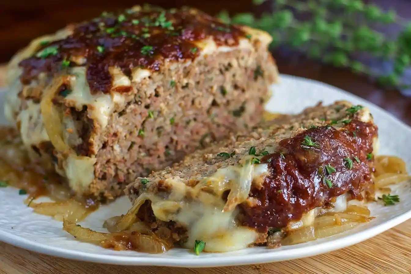 A sliced {{ $('Fetch Recipe Data').first().json["Main Keyword"] }} topped with melted cheese and onions.