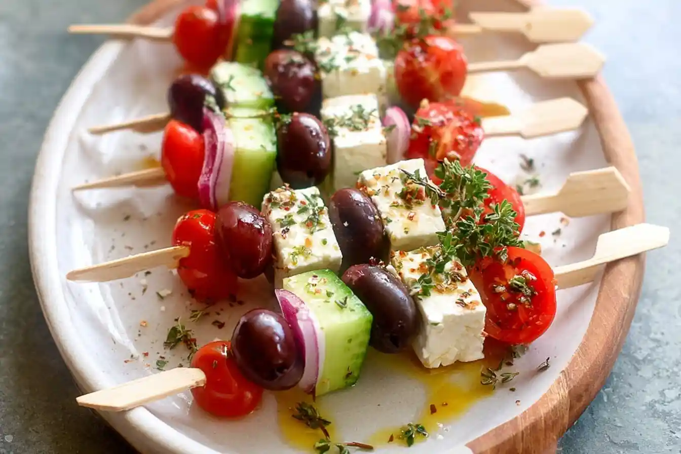 Close-up view of fresh Greek Salad Skewers on a white platter featuring feta, olives, cucumber, and tomatoes.