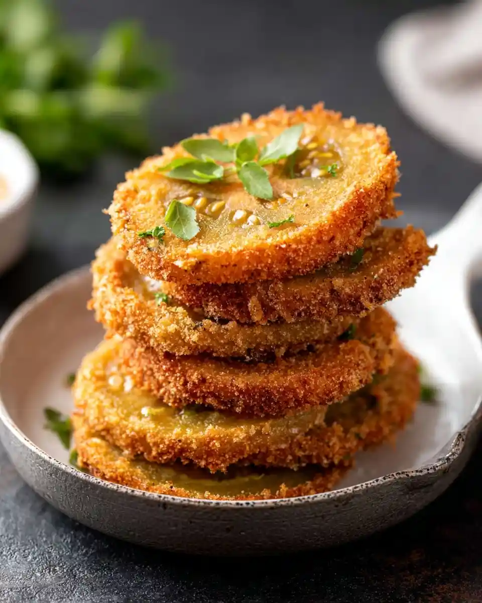 A stack of crispy fried green tomatoes garnished with fresh herbs in a rustic bowl.