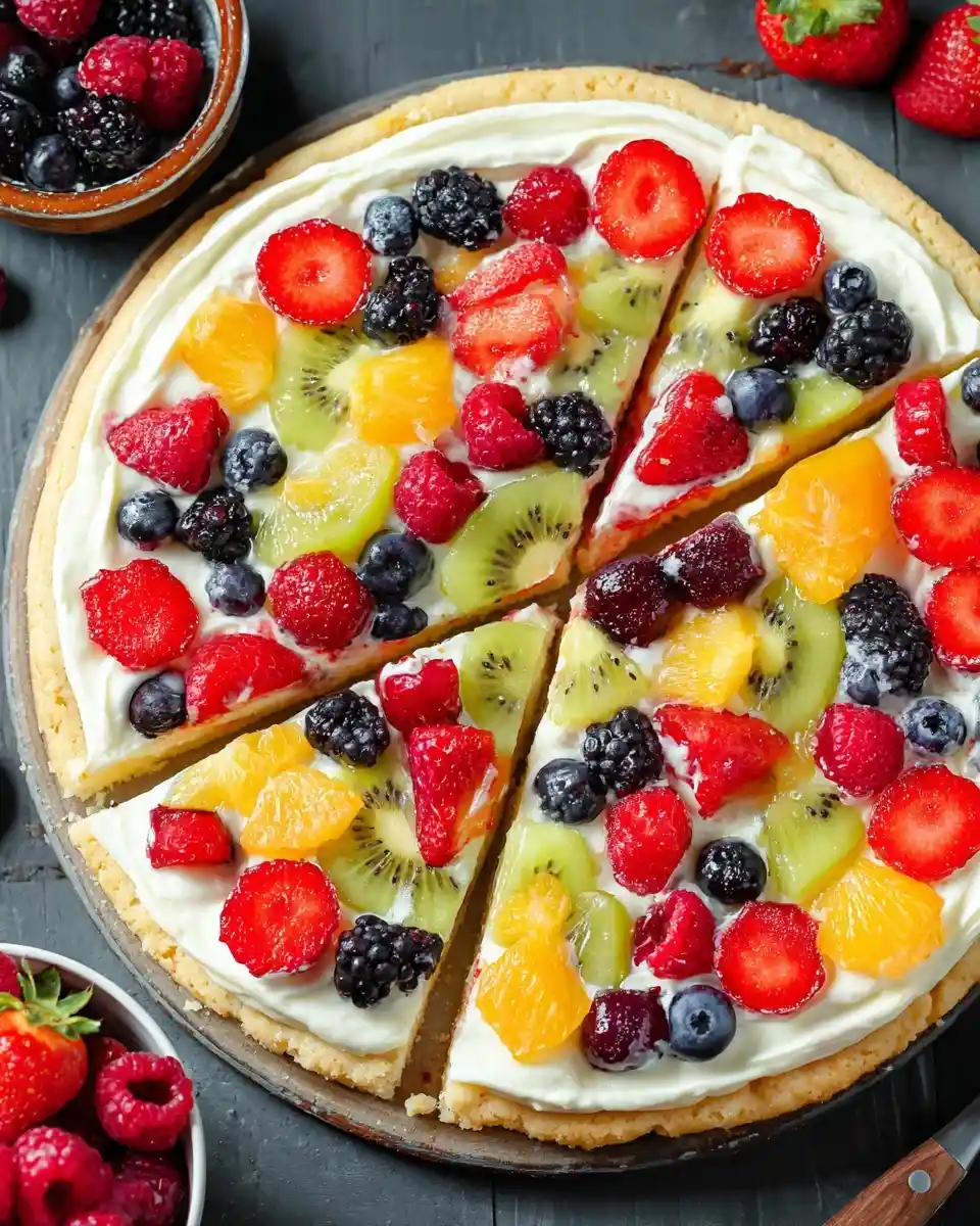 A vibrant fruit pizza sliced into wedges, featuring a cookie crust topped with cream, berries, kiwi, and oranges.