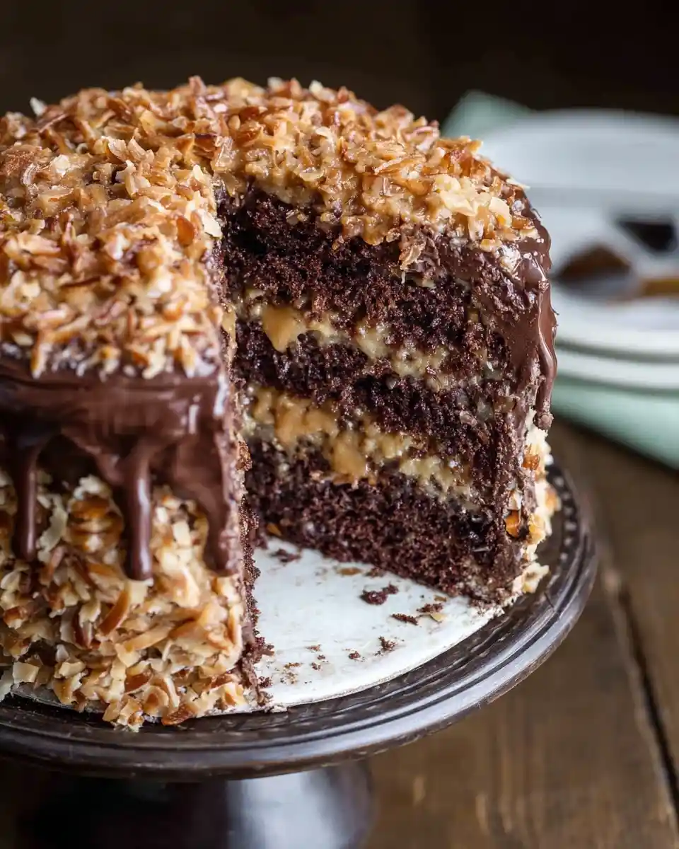 A sliced {{ $('Fetch Recipe Data').first().json["Main Keyword"] }} on a stand showing chocolate layers and coconut pecan frosting.