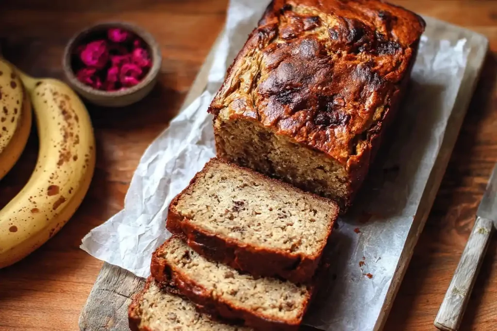 Sliced loaf of golden brown banana bread on parchment paper with ripe bananas nearby.