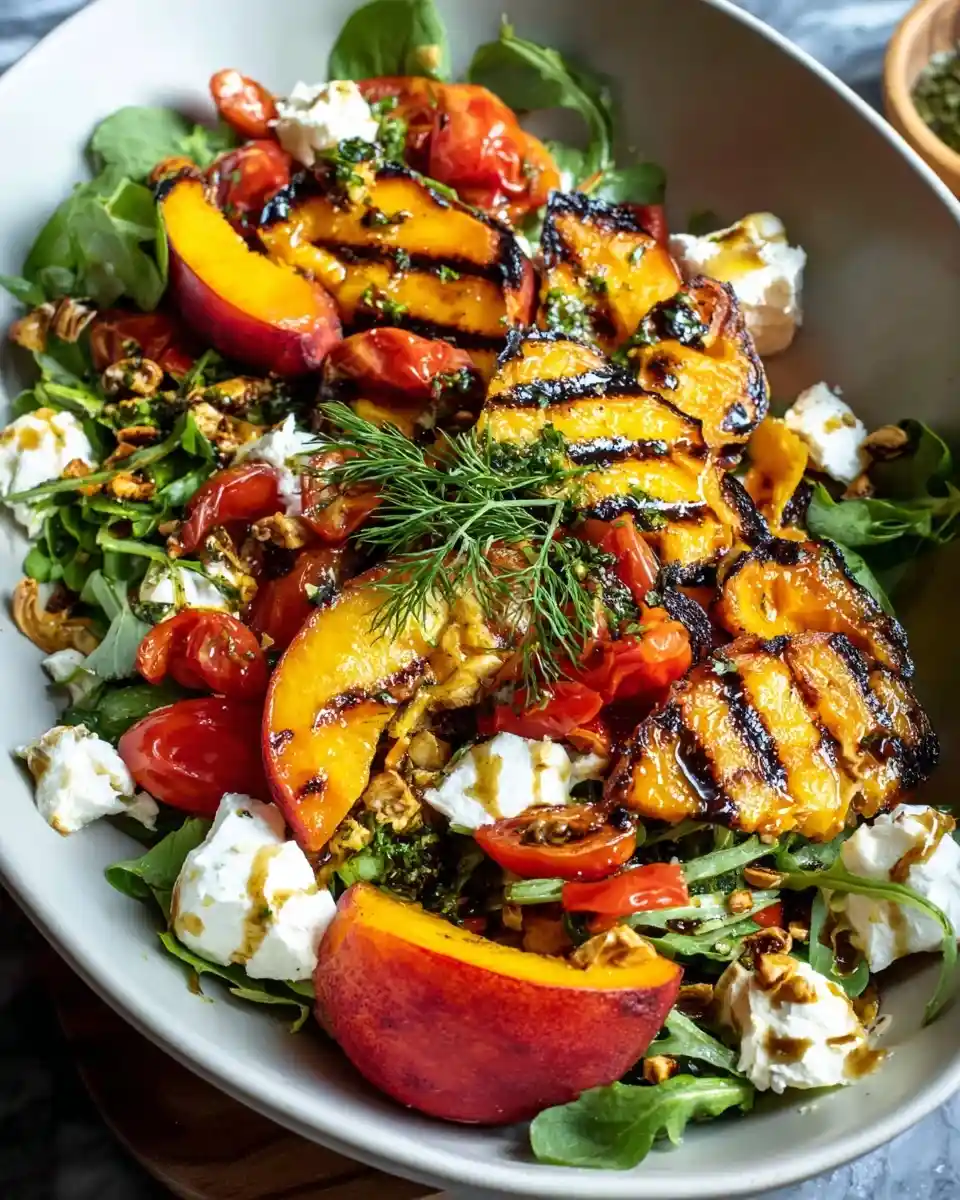 A delicious grilled peach salad featuring tomatoes, fresh cheese, greens, and a balsamic glaze drizzle.