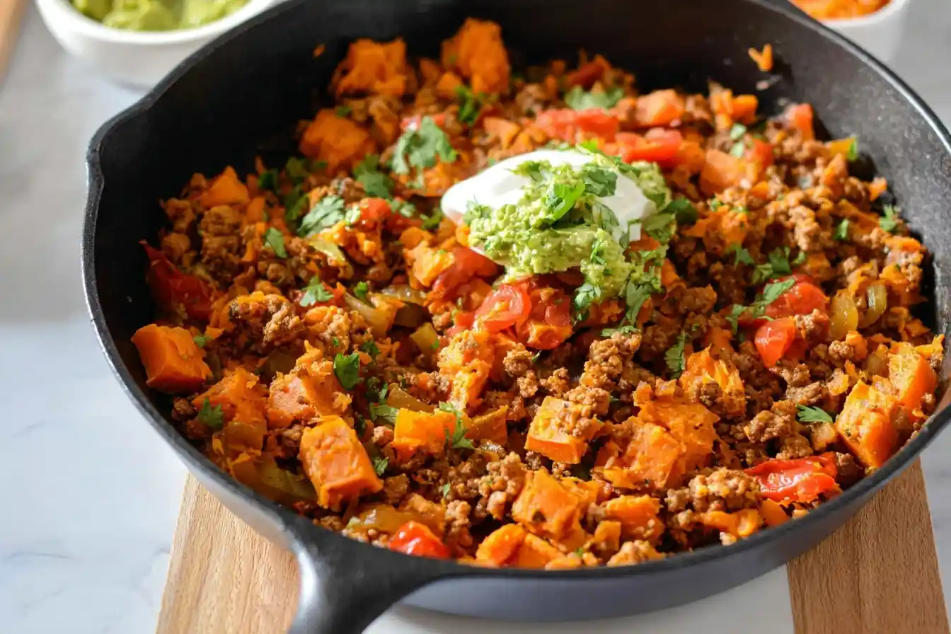 Cast iron sweet potato skillet filled with ground meat, diced veggies, sour cream, and guacamole.