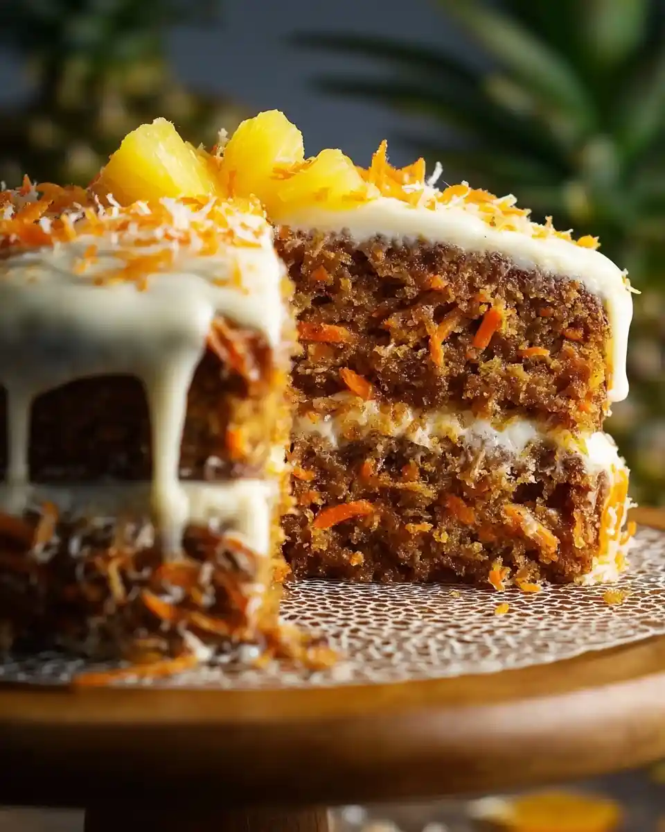 Sliced {{ $('Fetch Recipe Data').first().json["Main Keyword"] }} with cream cheese frosting, pineapple chunks, and coconut.