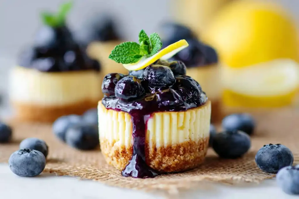 Close-up of a delicious mini blueberry cheesecake topped with fresh berries, lemon, and mint on burlap.