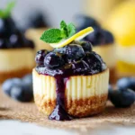 Close-up of a delicious mini blueberry cheesecake topped with fresh berries, lemon, and mint on burlap.