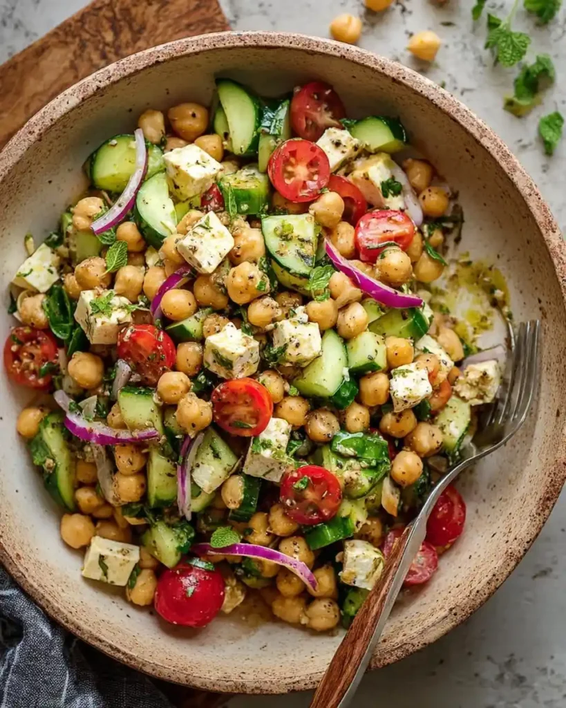 A rustic bowl of vibrant chickpea salad with cucumbers, cherry tomatoes, feta, and fresh herbs.