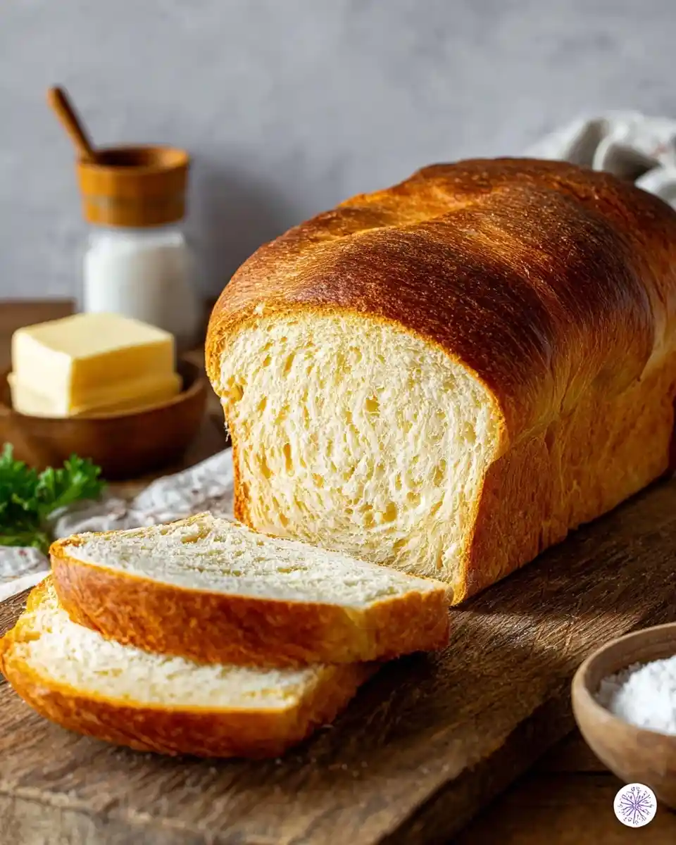 A freshly sliced loaf of {{ $('Fetch Recipe Data').first().json["Main Keyword"] }} on a wooden cutting board, served with butter.
