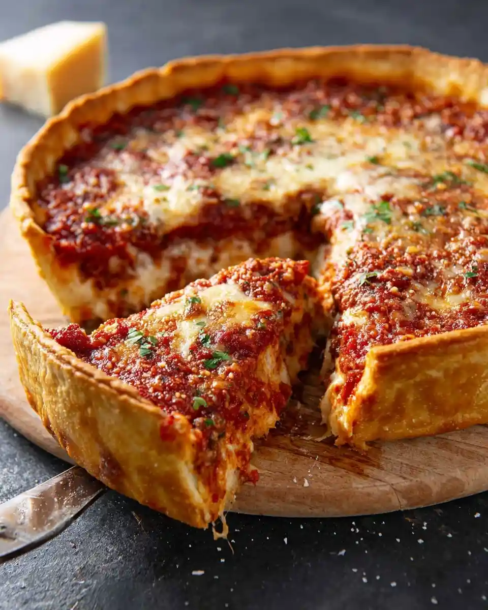 A thick slice of {{ $('Fetch Recipe Data').first().json["Main Keyword"] }} with melted cheese and chunky tomato sauce.