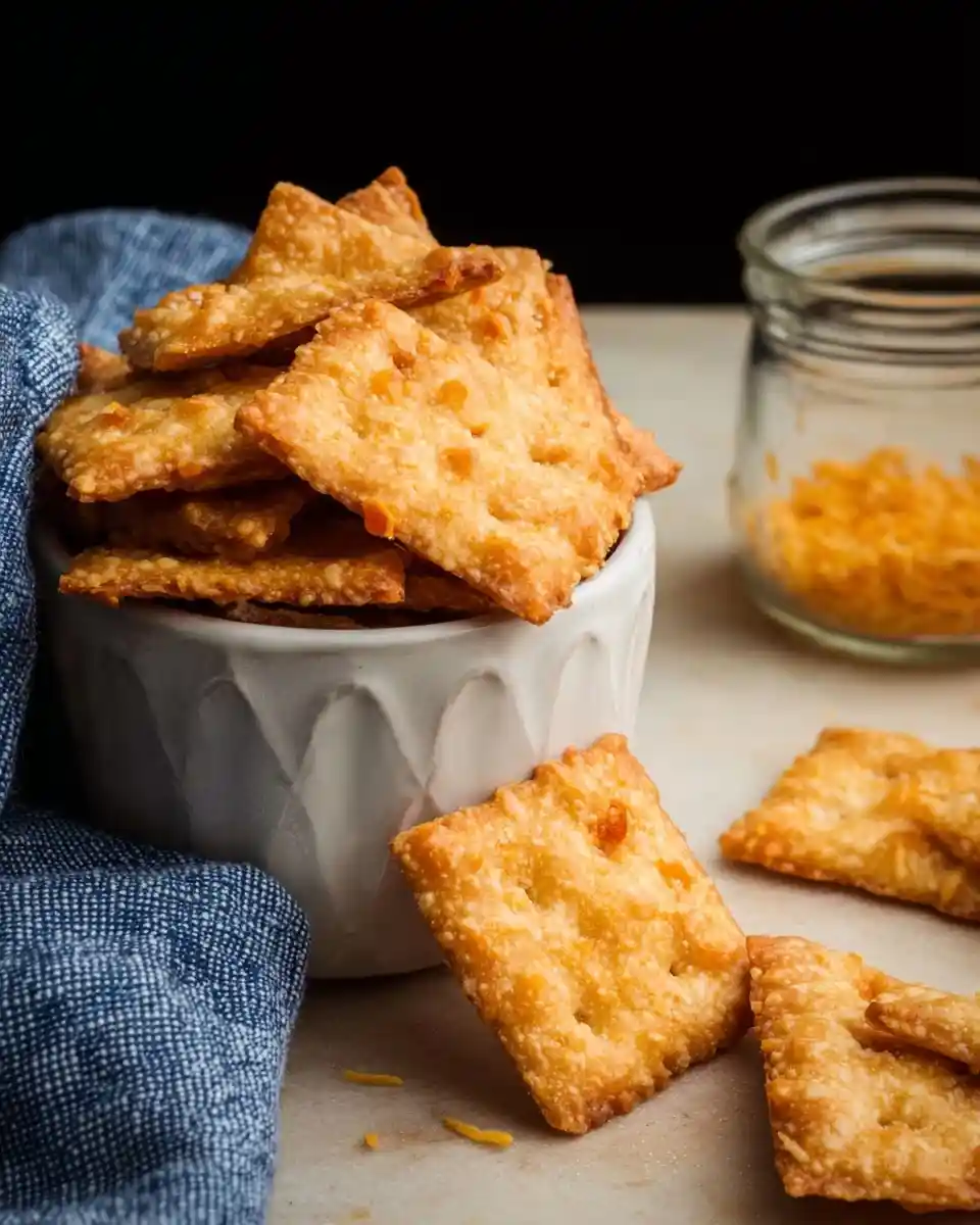 A white bowl filled with crispy homemade cheese crackers next to a blue napkin and a jar of shredded cheese.