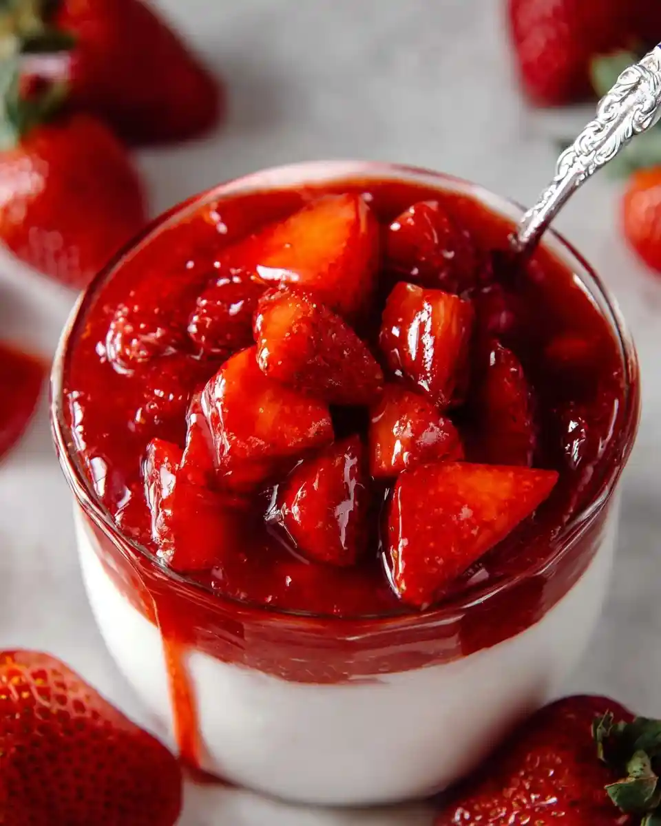 Close-up of a creamy dessert in a glass topped with homemade strawberry compote and a spoon, with fresh berries.