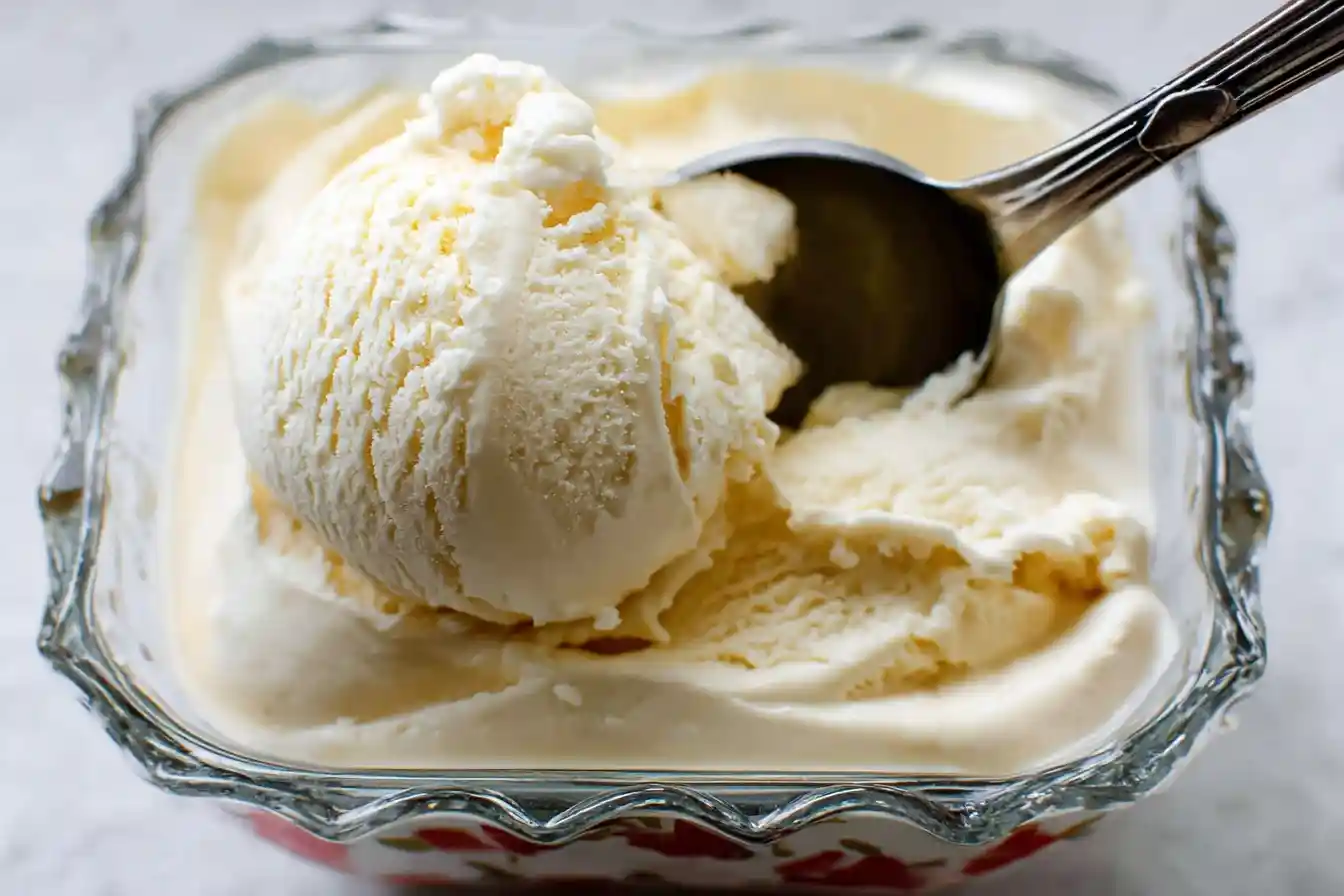Close-up of a glass bowl holding a large scoop of creamy vanilla ice cream with a silver spoon