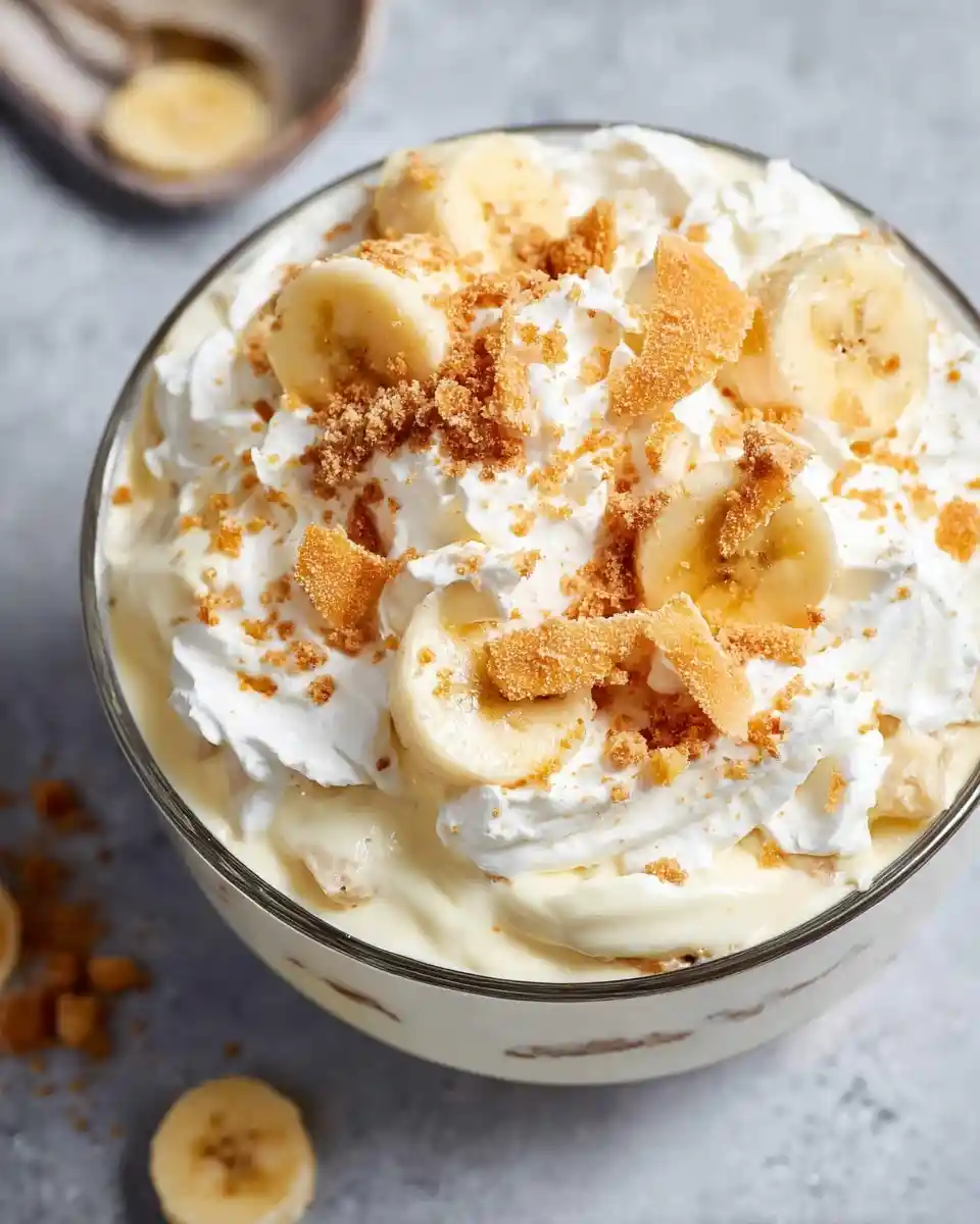 A glass bowl filled with creamy banana pudding, topped with whipped cream, fresh banana slices, and crushed wafers.