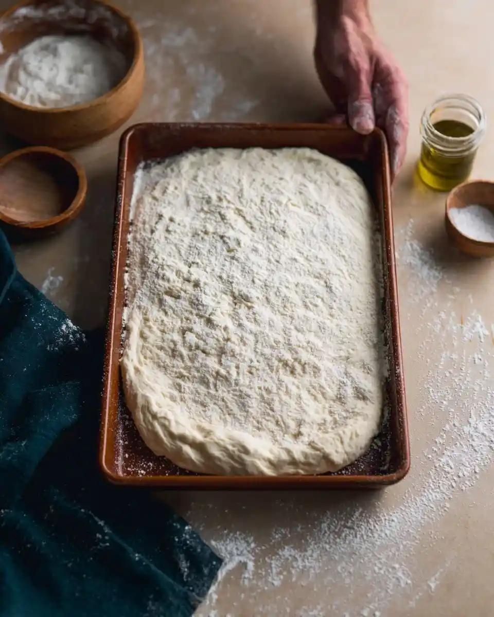 A hand holding a baking pan filled with {{ $('Fetch Recipe Data').first().json["Main Keyword"] }}, heavily dusted with flour.