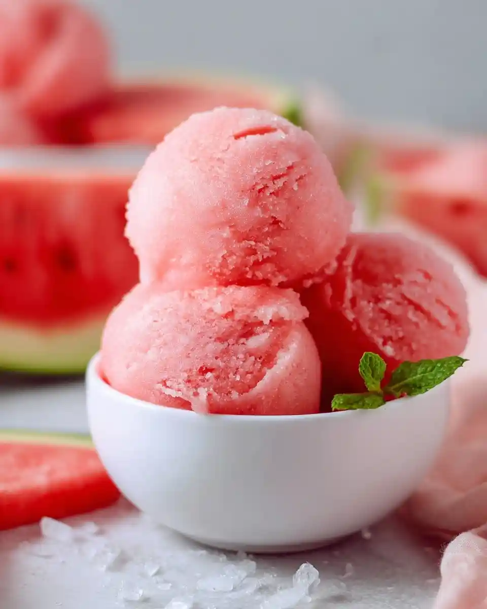 Three scoops of refreshing pink watermelon sorbet in a white bowl garnished with fresh mint.