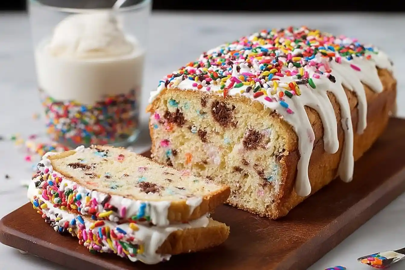 Delicious Funfetti Loaf Cake with white glaze and rainbow sprinkles sliced on a wooden board.