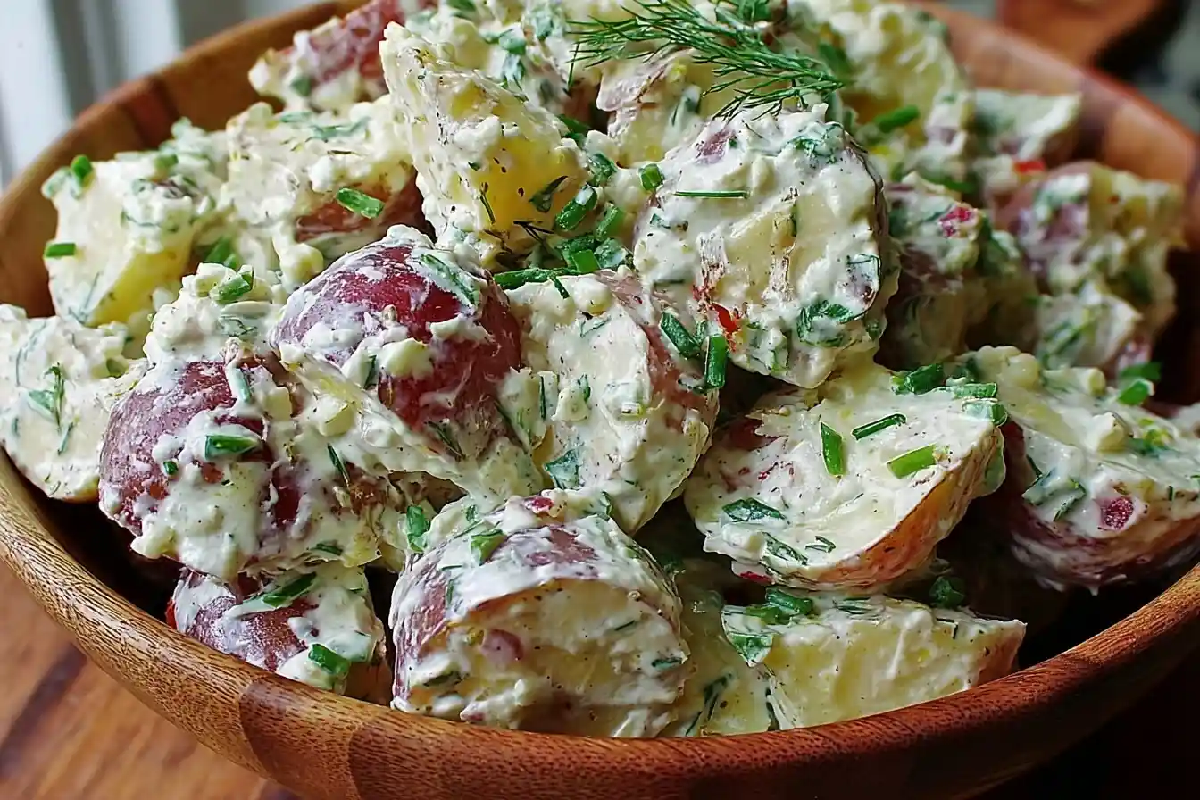 A close-up of a wooden bowl filled with creamy red potato salad topped with fresh dill and chives.
