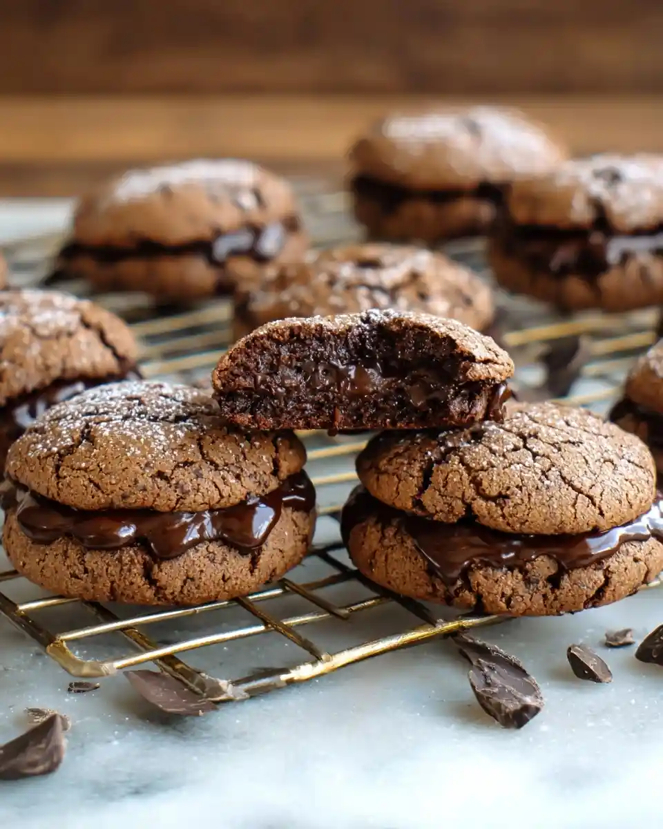 Fudgy chocolate sandwich cookies with gooey filling on a cooling rack, lightly dusted with powdered sugar.