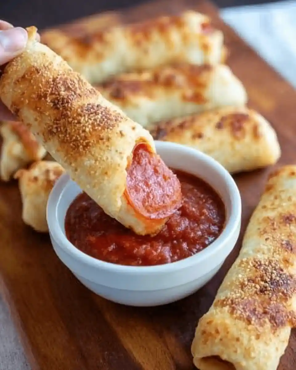 A hand dipping crispy baked pepperoni pizza rolls into a white bowl of red dipping sauce on a wooden board.