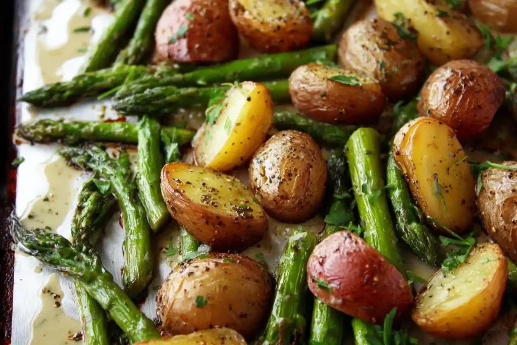 Close-up of a baking sheet with golden roasted potatoes and asparagus coated in fresh herbs.