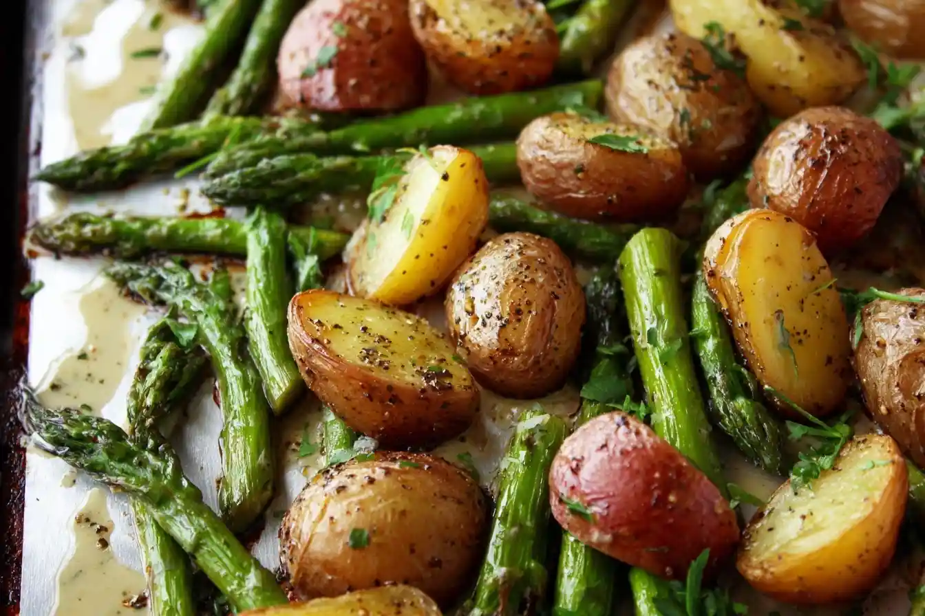 Close-up of a baking sheet with golden roasted potatoes and asparagus coated in fresh herbs.