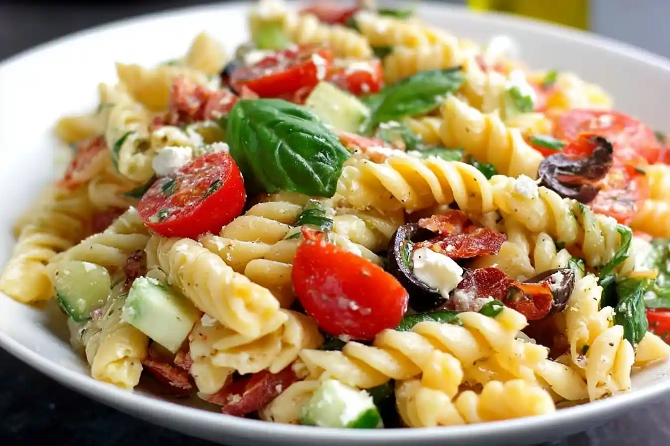 Close-up of a colorful Greek pasta salad with rotini, tomatoes, cucumbers, olives, and feta cheese in a white bowl.