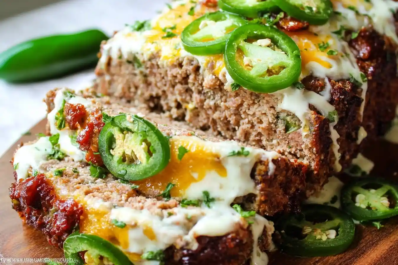 Sliced Jalapeño Popper Meatloaf topped with melted cheese, bacon, and fresh jalapeño slices on a wooden board.