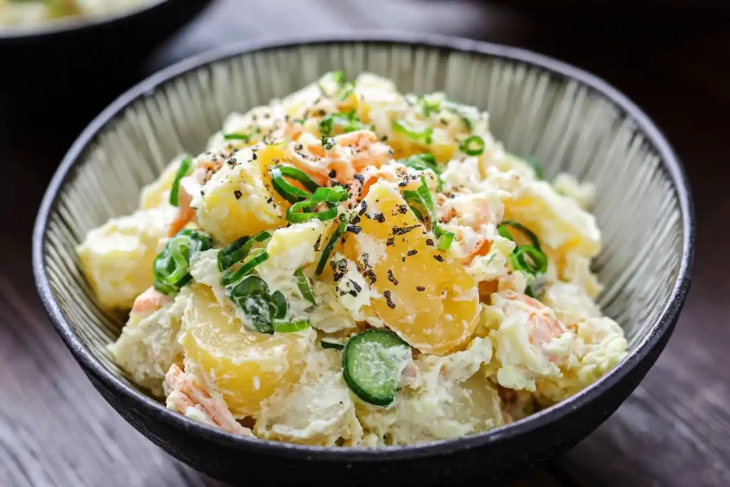 A bowl of creamy {{ $('Fetch Recipe Data').first().json["Main Keyword"] }} with carrots and cucumbers.