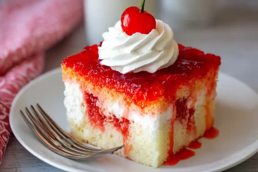 A slice of cherry poke cake on a white plate with a silver fork, topped with whipped cream and a fresh cherry.