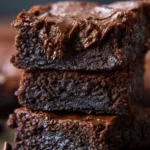 Close-up of a stack of three thick, gooey, and fudgy chocolate brownies.
