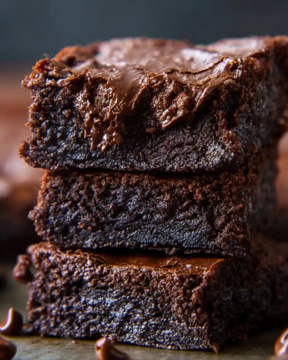 Close-up of a stack of three thick, gooey, and fudgy chocolate brownies.