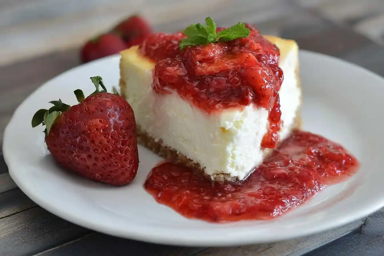 A delicious slice of strawberry cheesecake topped with rich strawberry sauce and fresh mint on a white plate.