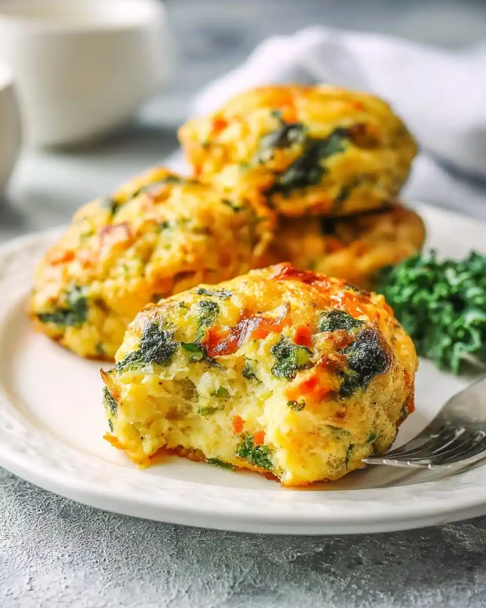 A bitten healthy egg muffin packed with spinach and red peppers on a white plate next to a fork.