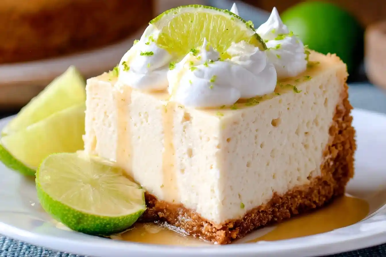 Slice of creamy Key Lime Cheesecake with whipped cream, lime zest, and lime slices on a white plate