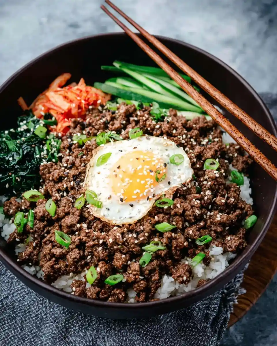 A top-down view of a Korean beef bowl featuring savory ground beef, rice, a fried egg, and fresh vegetables.