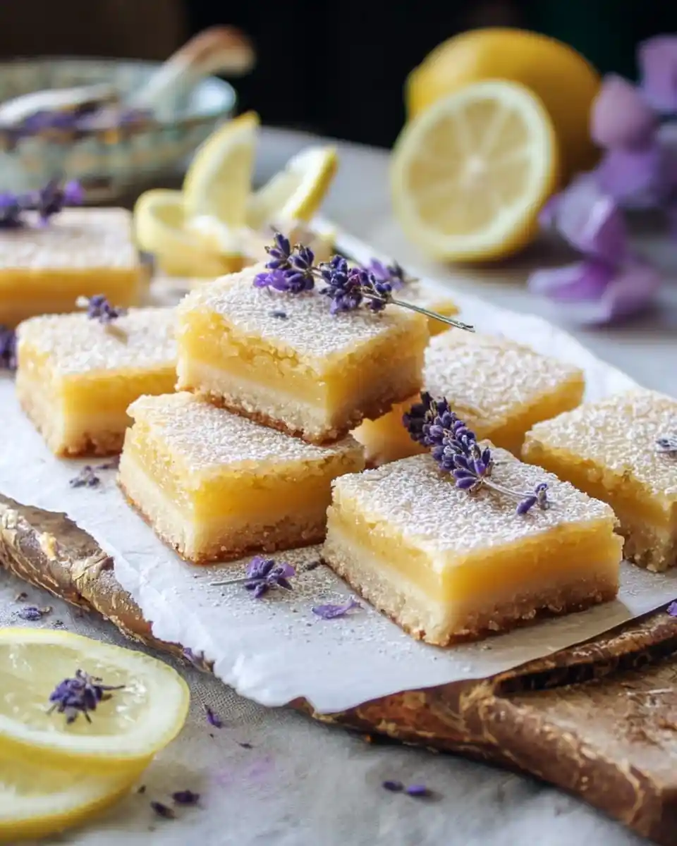 A stack of sweet and tart lemon lavender bars dusted with powdered sugar and garnished with fresh lavender sprigs.