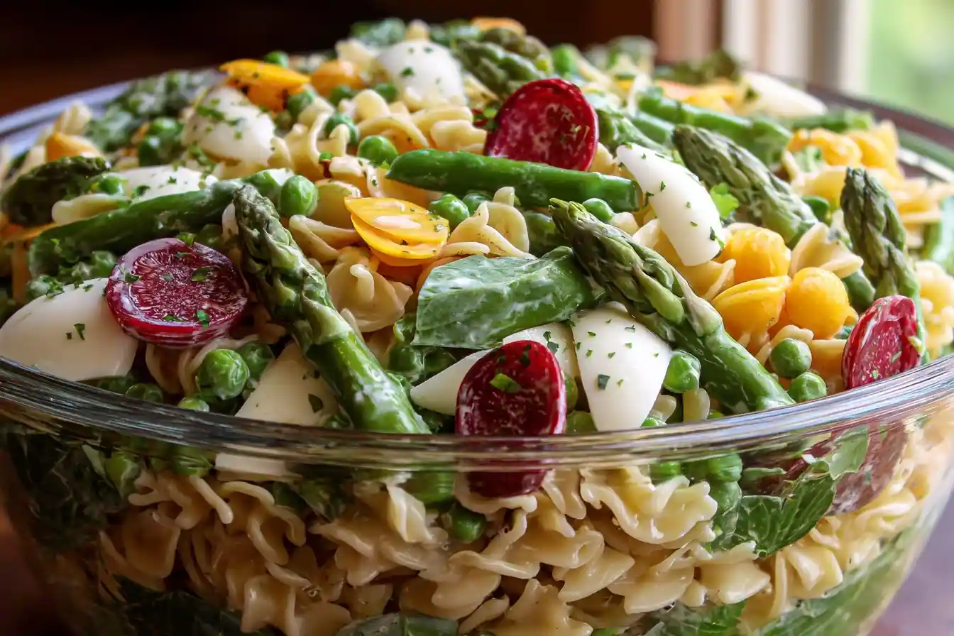 Close-up view of a creamy Asparagus Pasta Salad with peas, hard-boiled eggs, and sausage in a large glass bowl.