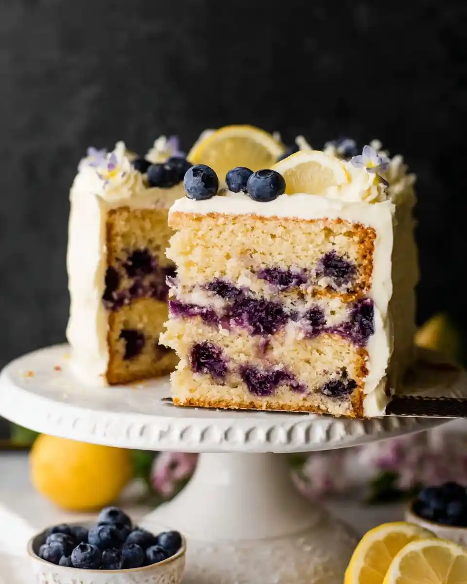 A slice removed from a layered lemon blueberry cake, garnished with fresh berries and lemon slices.