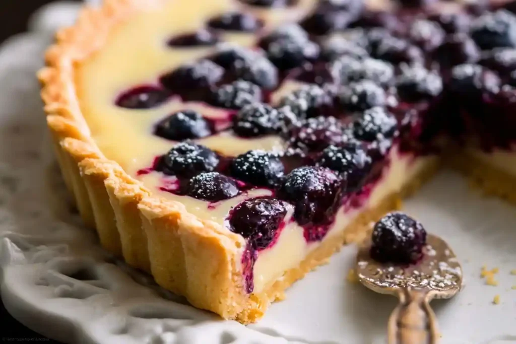 Close-up of a sliced blueberry tart with custard filling, fresh berries, and powdered sugar on a decorative white plate.