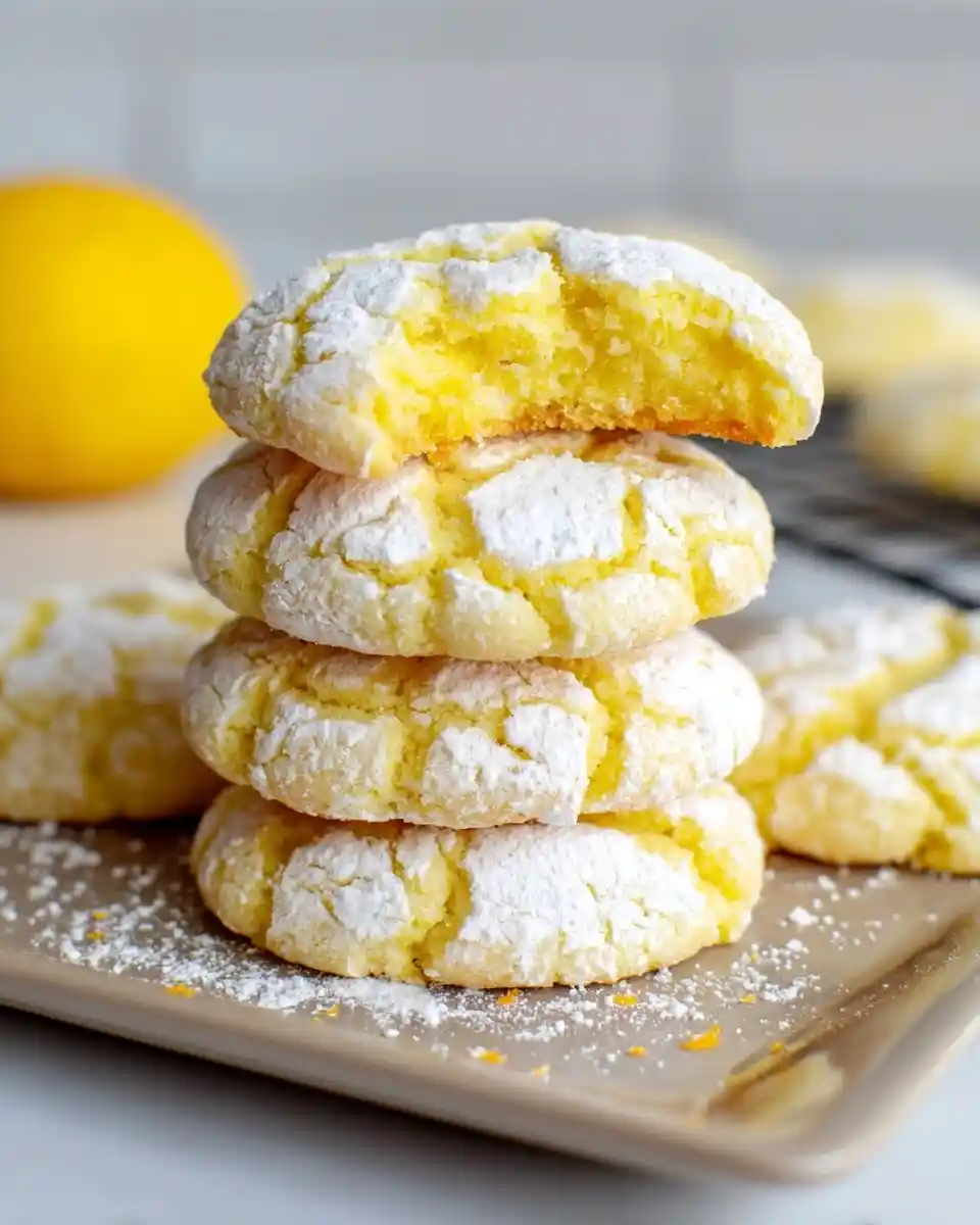 A stack of four lemon crinkle cookies covered in powdered sugar, with a bite taken out of the top cookie.