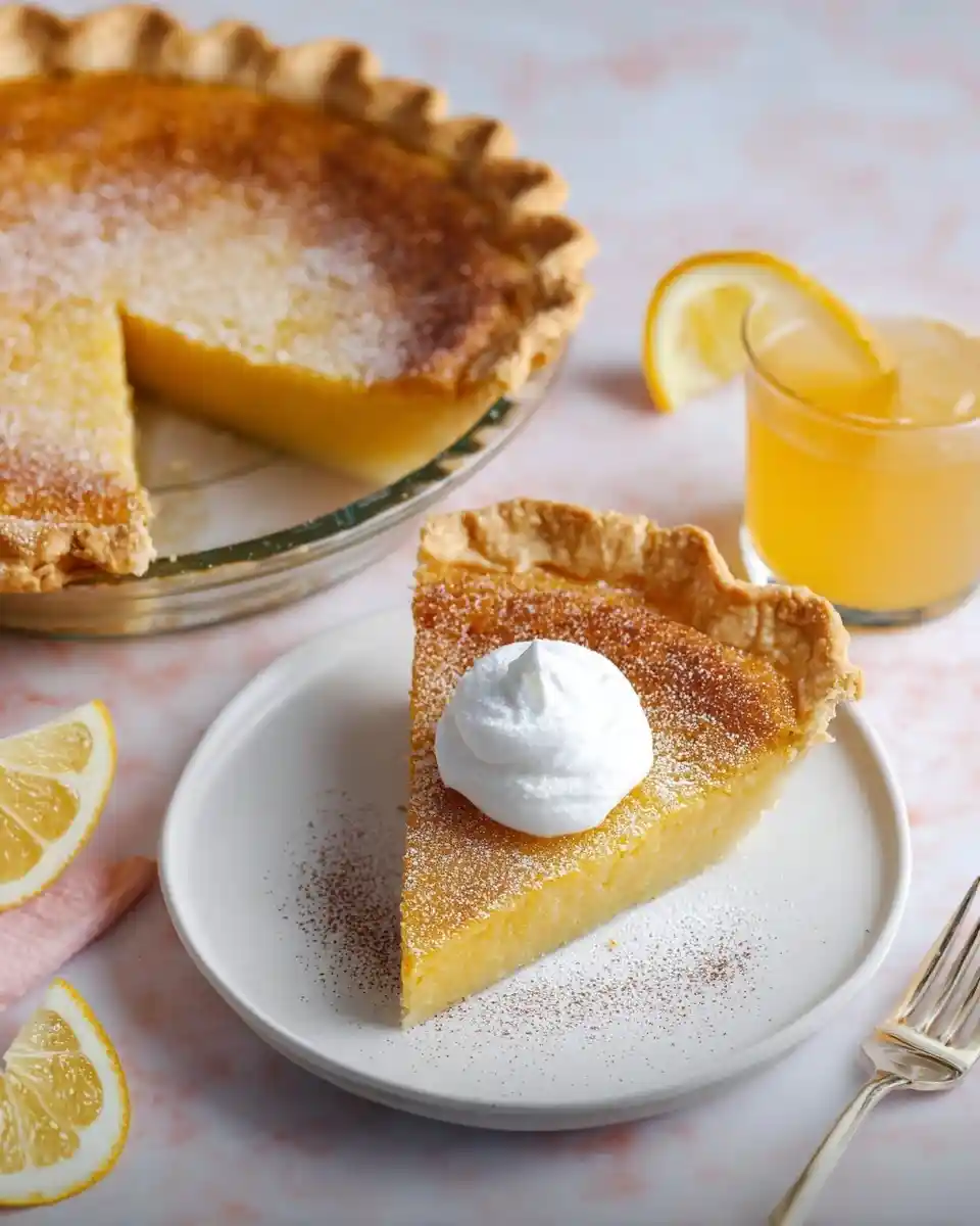 A slice of lemon pie topped with whipped cream on a white plate, with a whole pie and lemon drink in the background.