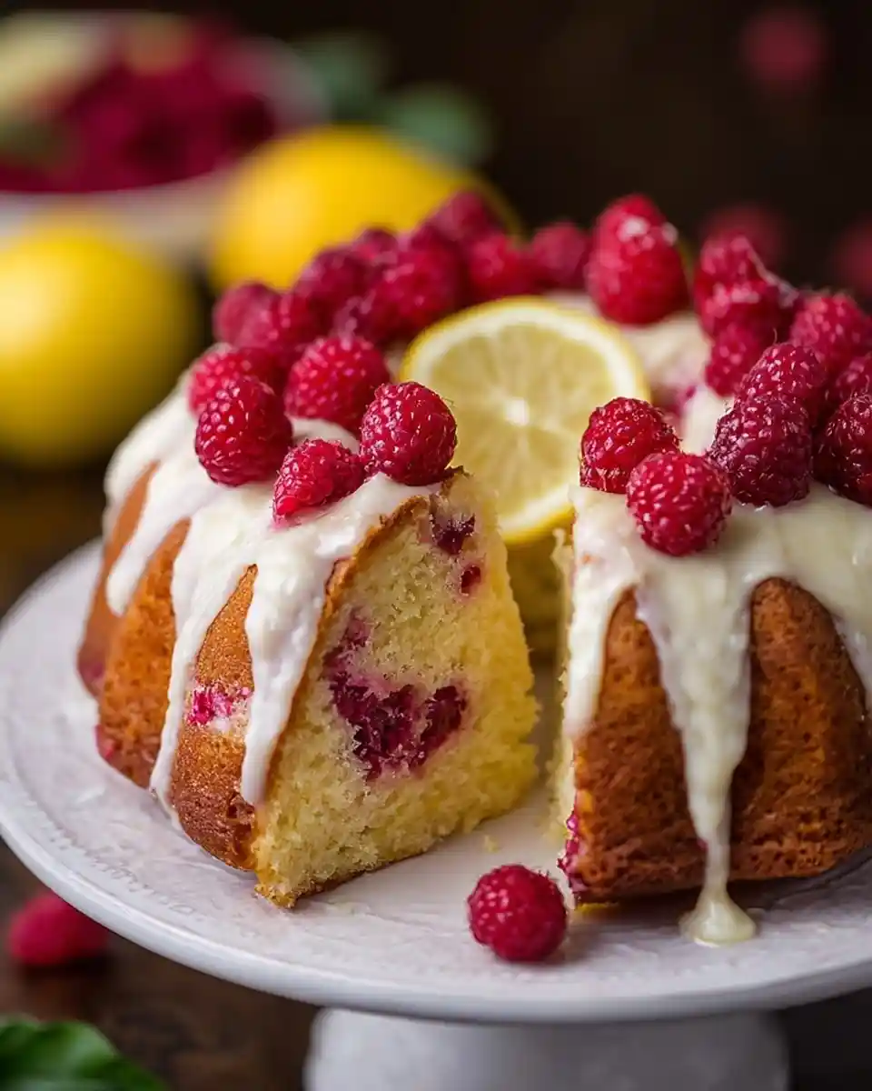Close-up of a sliced lemon raspberry bundt cake topped with white glaze, fresh berries, and a lemon slice.