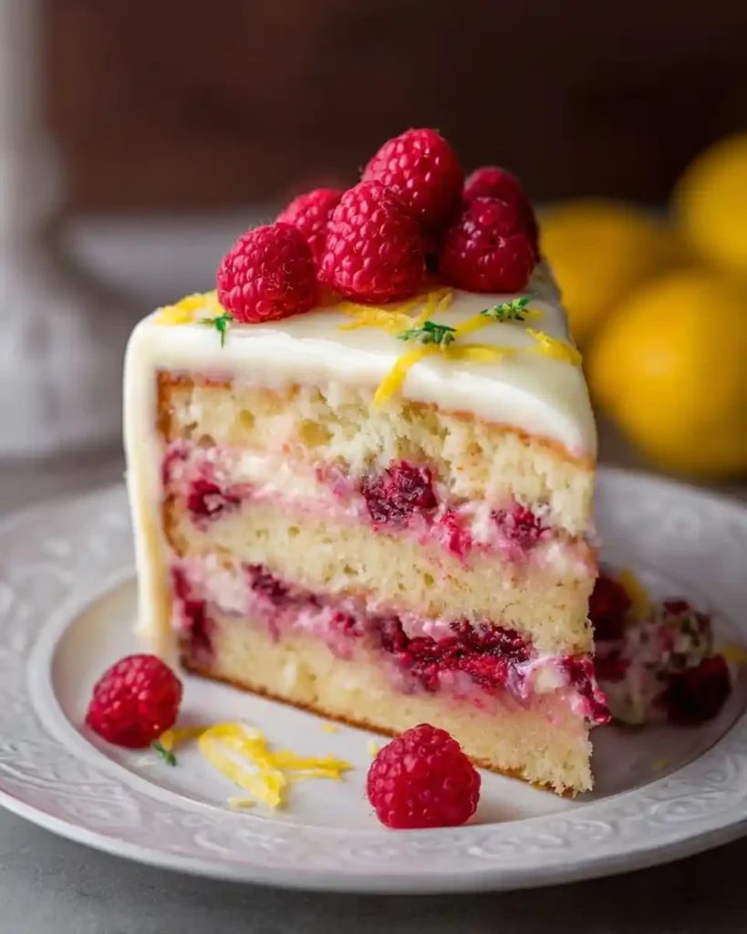 A slice of {{ $('Fetch Recipe Data').first().json["Main Keyword"] }} with berry filling, white frosting, and fresh raspberries.
