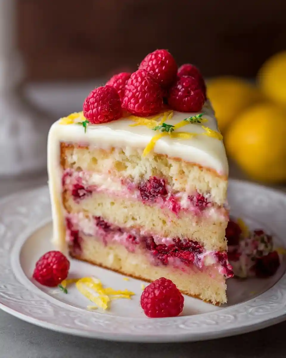 A slice of {{ $('Fetch Recipe Data').first().json["Main Keyword"] }} with berry filling, white frosting, and fresh raspberries.