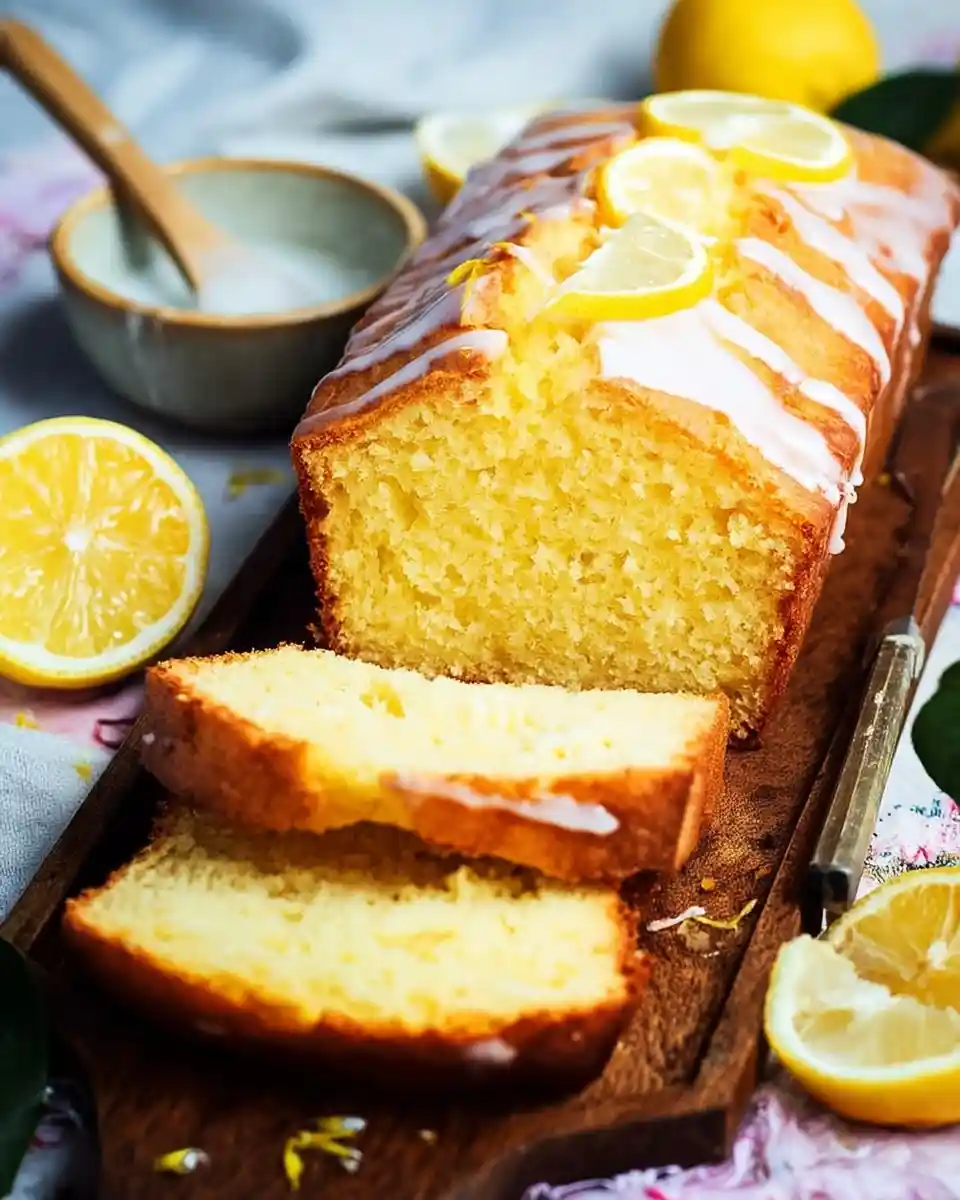 Sliced lemon loaf cake with sweet white glaze and fresh lemon garnish on a rustic wooden cutting board.