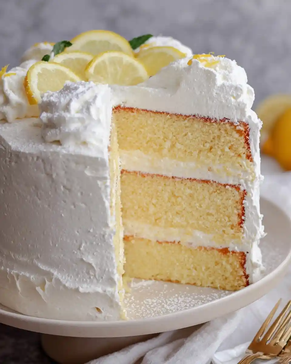 A sliced three-layer lemon cake with fluffy white frosting, garnished with fresh lemon slices on a cake stand.