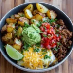 A delicious taco potato bowl loaded with crispy roasted potatoes, ground beef, guacamole, tomatoes, and cheese.