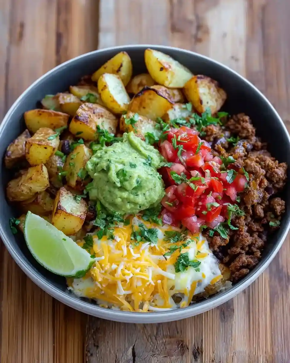 A delicious taco potato bowl loaded with crispy roasted potatoes, ground beef, guacamole, tomatoes, and cheese.